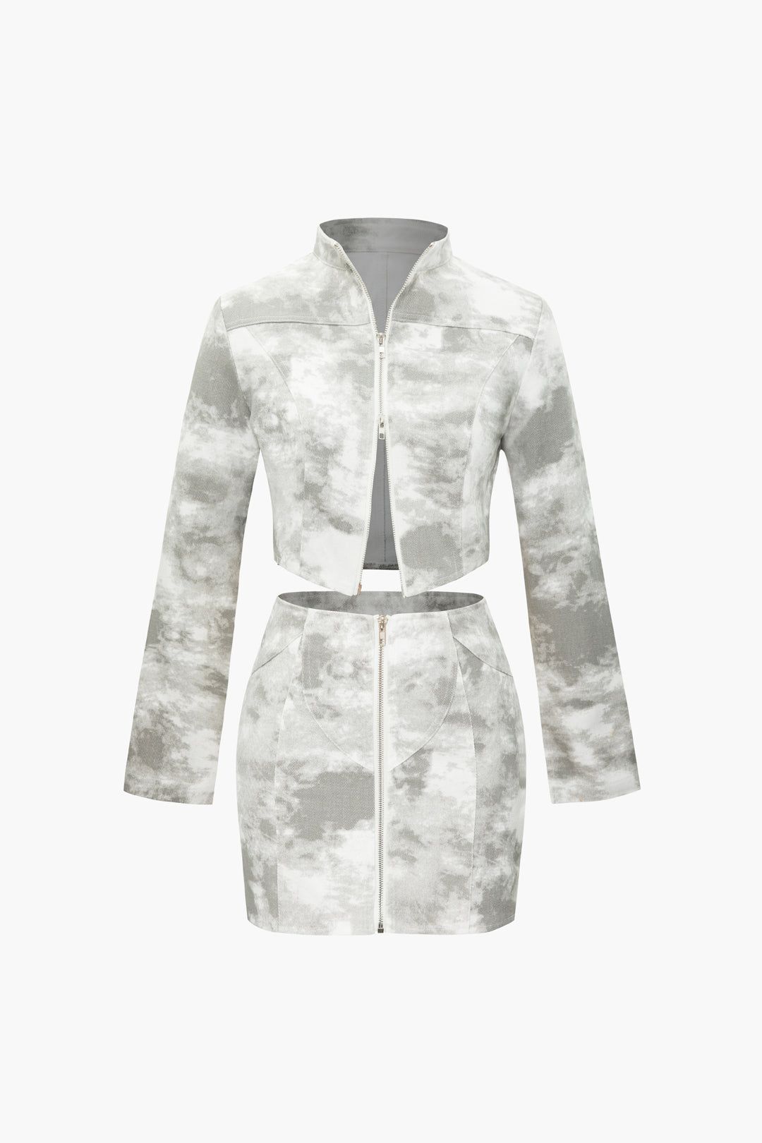 Tie Dye Denim Zipper Crop Top And Mini Skirt Set sold by Micas