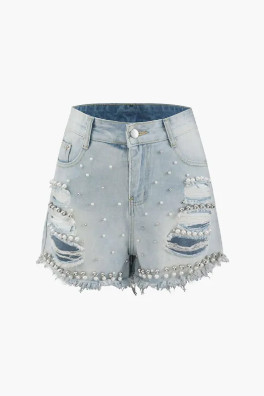 Pearl Embellished Frayed Distressed Denim Shorts sold by Micas