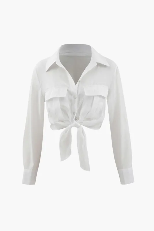 Flap Pocket Knot Hem Crop Shirt sold by Micas