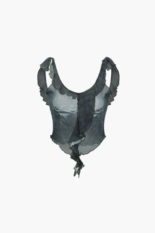 Printed Ruffle Mesh Cami Top sold by Micas