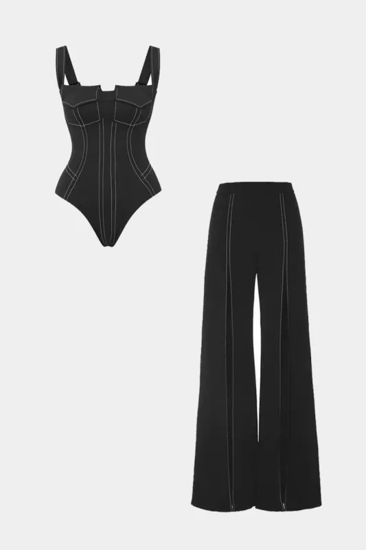 Stitching Bodysuit And Wide Leg Trousers Set sold by Micas