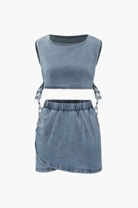 Denim Side Tie Tank Top And Wrap Mini Skirt Set sold by Micas