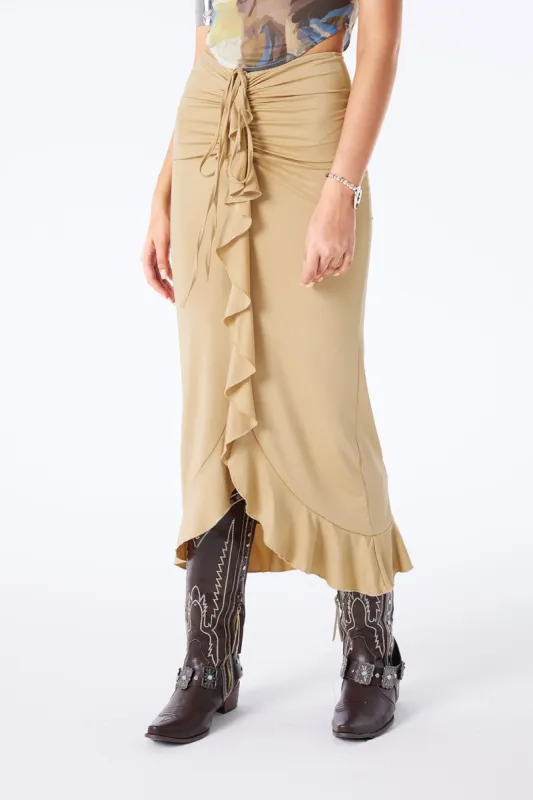 Ruched Drawstring Ruffle Midi Skirt made by Micas