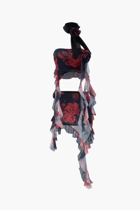 Rose Corsage Ruffle Tube Top And Mini Skirt Set sold by Micas