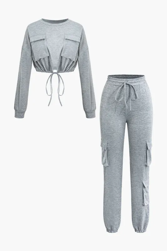 Solid Drawstring Round Neck Flap Pocket Crop Top And Pants Set sold by Micas