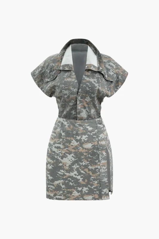 Camo Print Cap Sleeve Shirt And Slit Mini Skirt Set sold by Micas