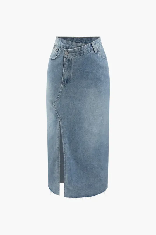 Asymmetric Denim Slit Midi Skirt sold by Micas