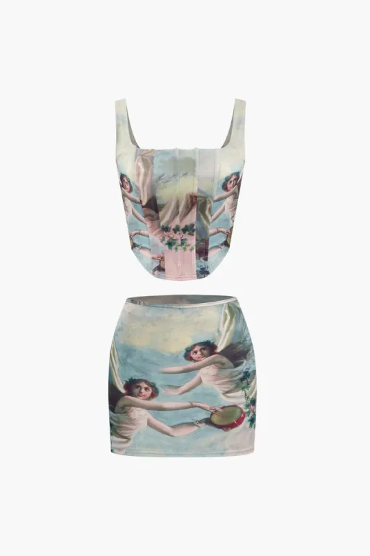 Renaissance Print Corset Top And Mini Skirt Set sold by Micas