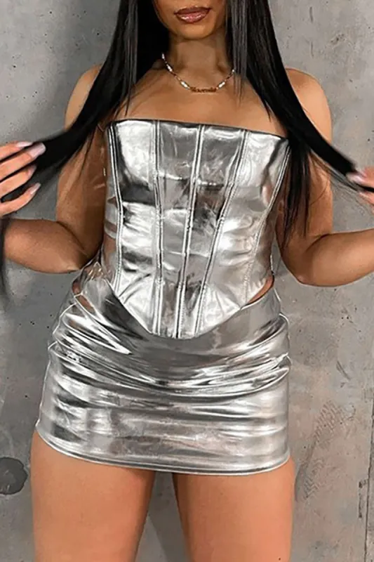 Metallic Faux Leather Corset Tube Top And Mini Skirt Set sold by Micas