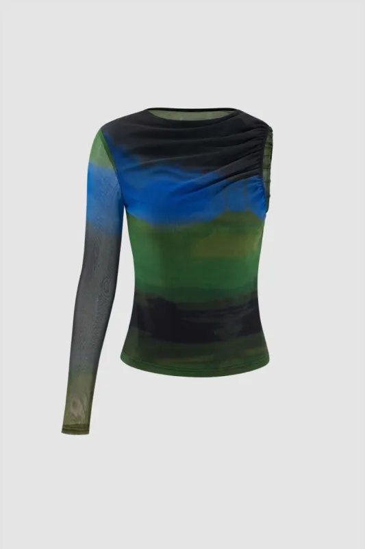 Tie Dye Asymmetric Mesh Top sold by Micas