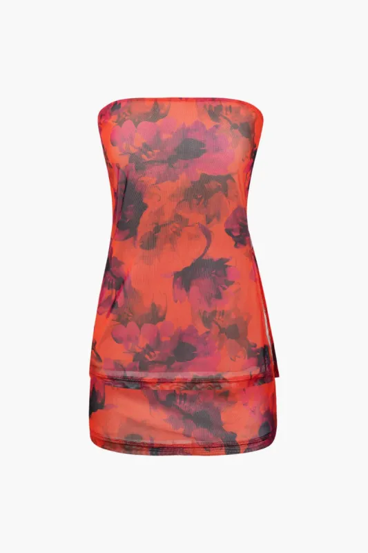 Floral Print Mesh Tube Top And Mini Skirt Set sold by Micas