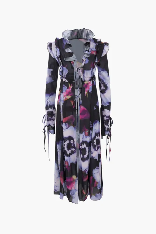 Abstract Print Tie Front Ruffle Cover Up Dress sold by Micas