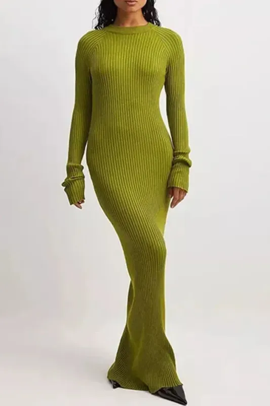 Solid Crew Neck Rib Knit Long Sleeve Maxi Dress sold by Micas