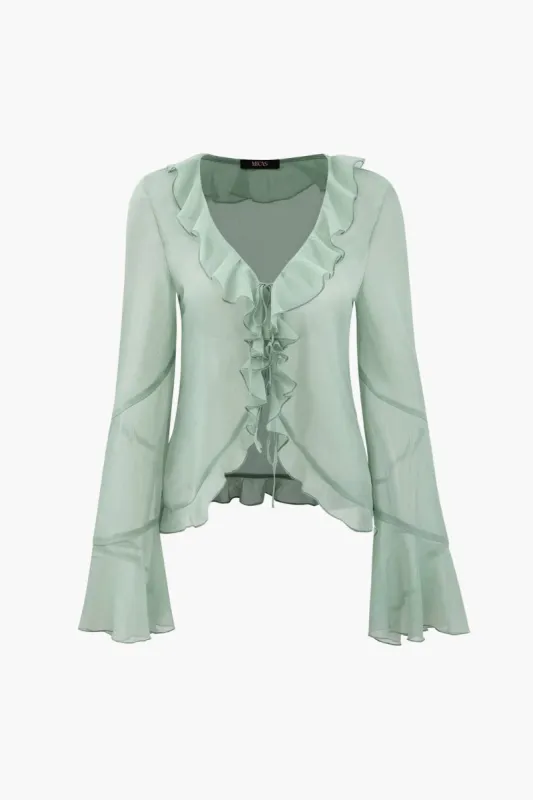 Ruffle Trim Tie Front Long Sleeve Top sold by Micas