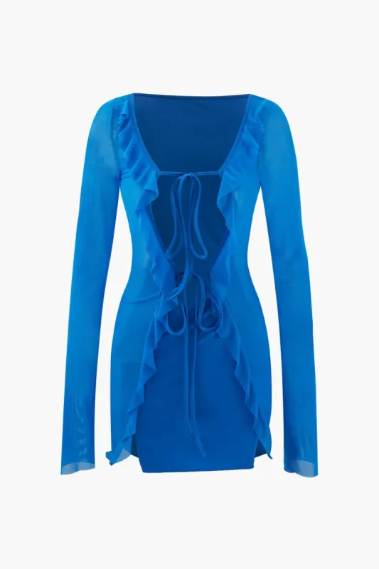 Ruffle Tie Front Mesh Sleeve Mini Dress sold by Micas