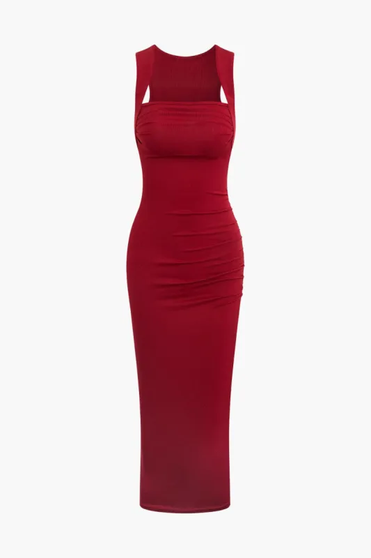 Solid Square Neck Ruched Ribbed Sleeveless Midi Dress sold by Micas