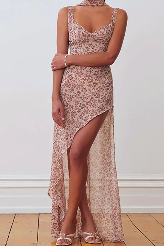 Floral Print Slit Maxi Dress With Neck Scarf sold by Micas