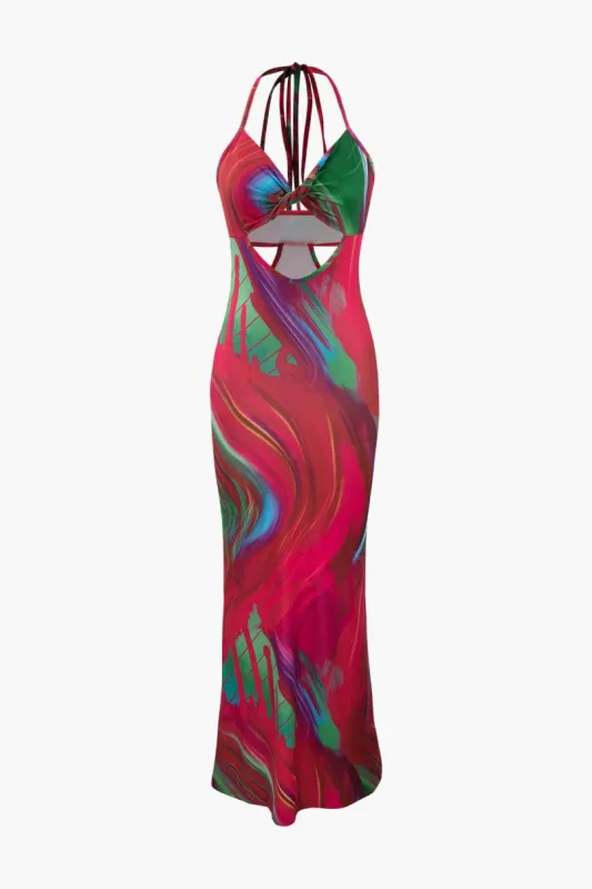 Abstract Print Halter Cut Out Twist Midi Dress sold by Micas