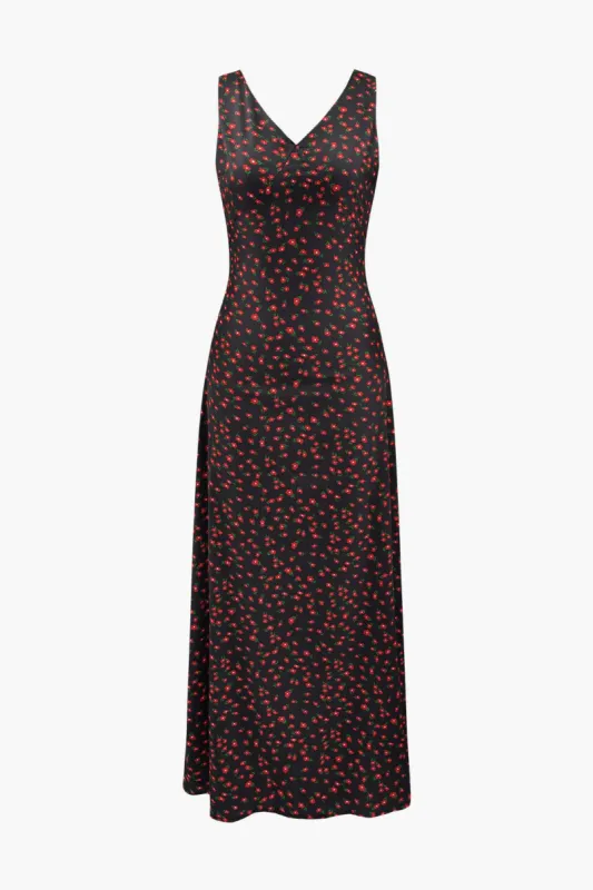 Floral Print V-neck Tie Waist Sleeveless Maxi Dress sold by Micas