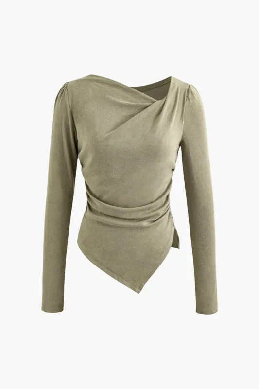 Asymmetric Ruched Long Sleeve Top sold by Micas