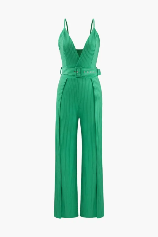 V-neck Belted Slit Hem Jumpsuit sold by Micas