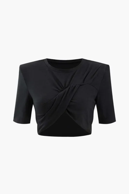 Twist Front Padded-Shoulder Crop T-Shirt sold by Micas