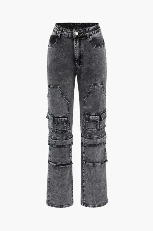 Multi-pocket Straight Cargo Jeans sold by Micas
