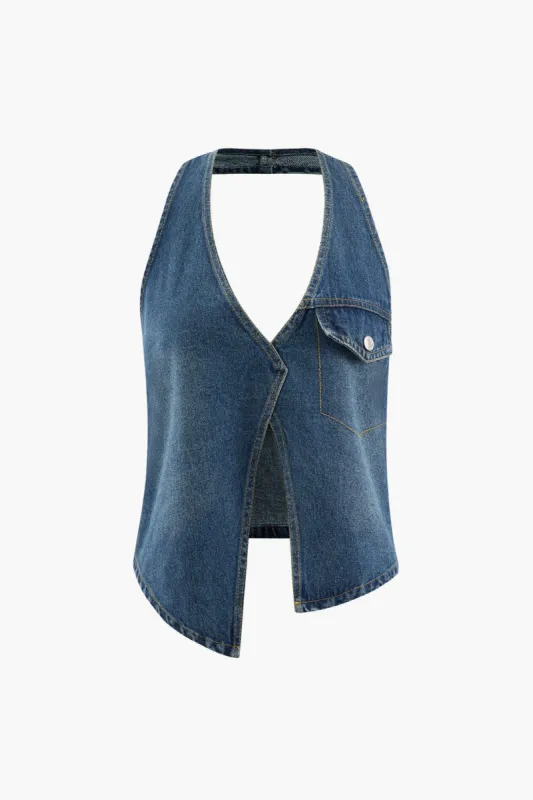 Asymmetric Halter Denim Cami Top sold by Micas