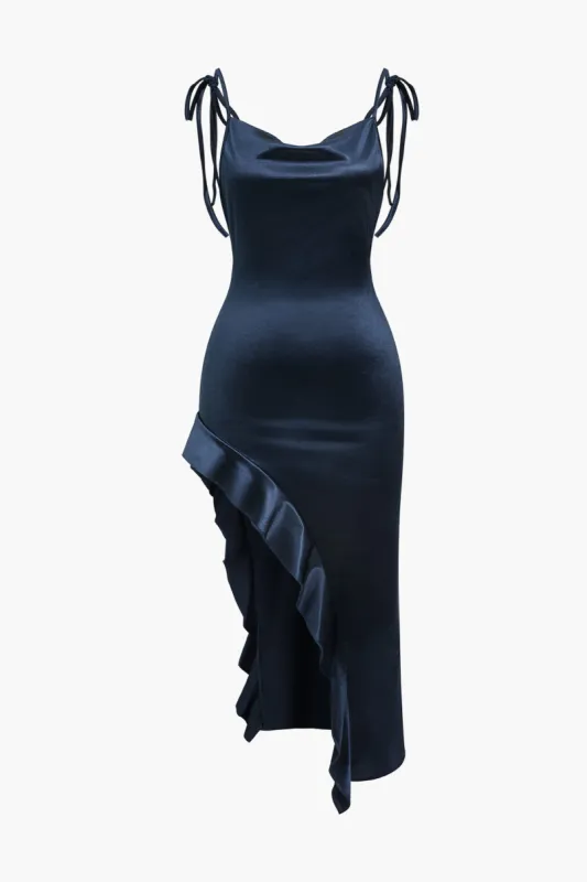 Solid Backless Asymmetrical Tie-Up Ruffle Midi Dress sold by Micas