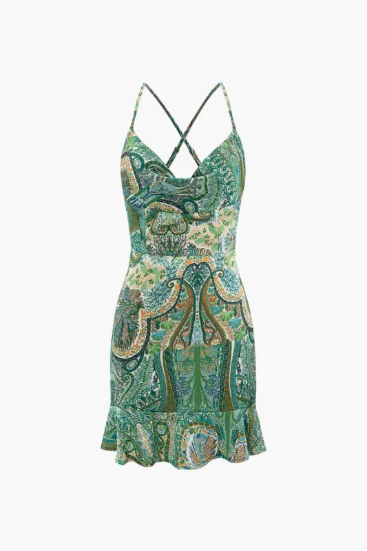 Paisley Print Cowl Neck Ruffle Hem Mini Dress sold by Micas