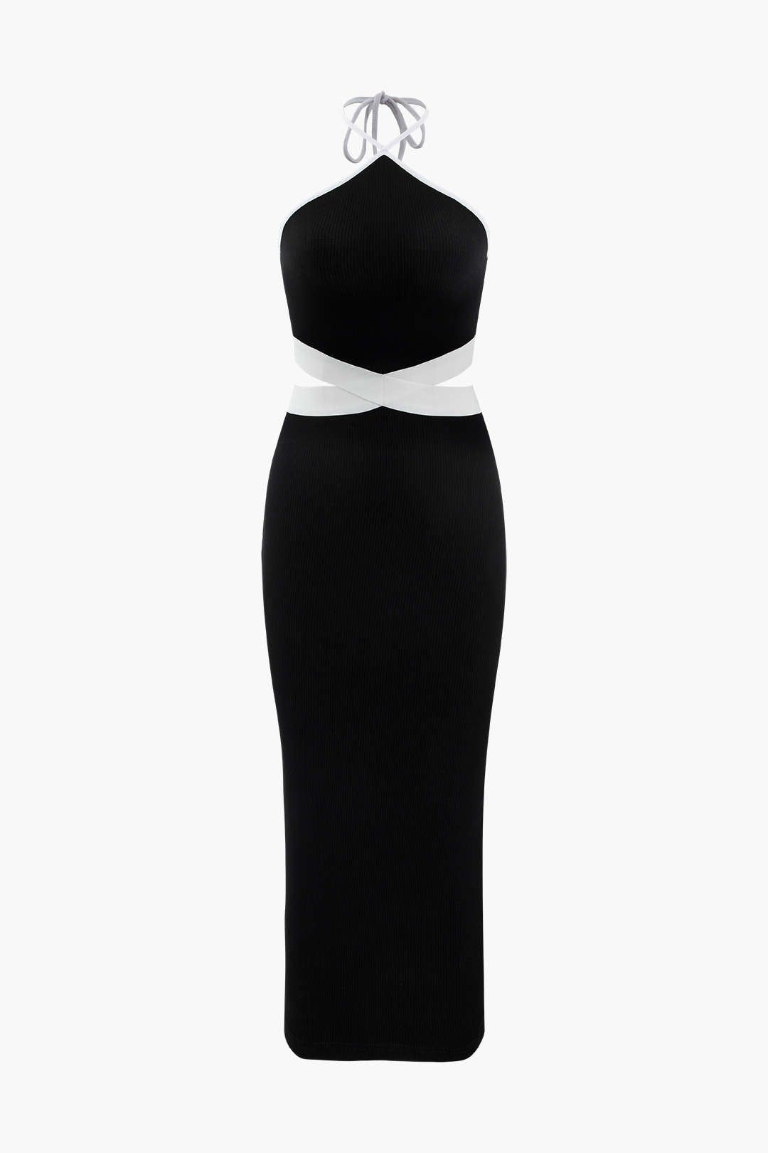 Halter Neck Cut Out Back Rib Knit Midi Dress sold by Micas
