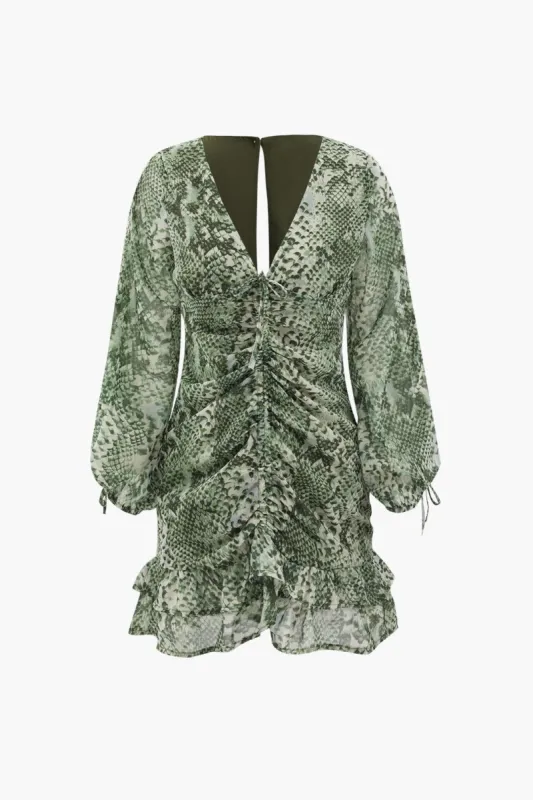 Snakeskin Print Drawstring Ruffle Mini Dress sold by Micas