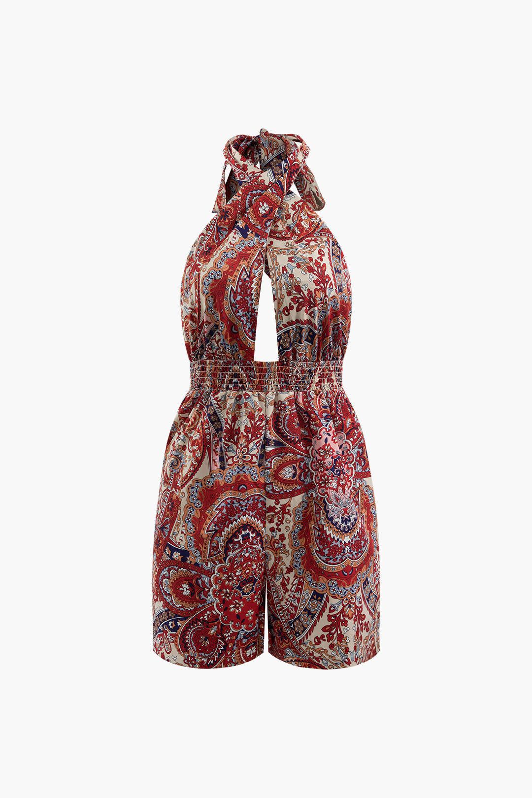 Paisley Print Linen-Blend Halter Romper sold by Micas