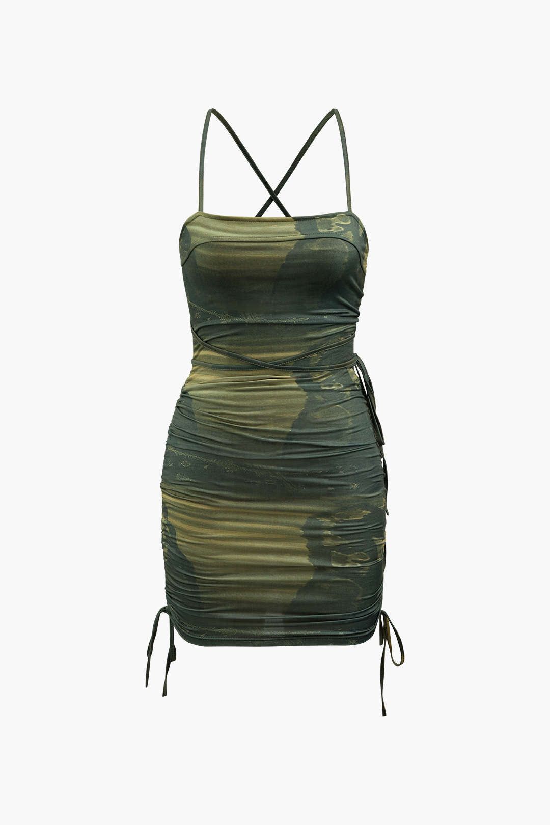 Printed Ruched Cross Back Mini Dress sold by Micas