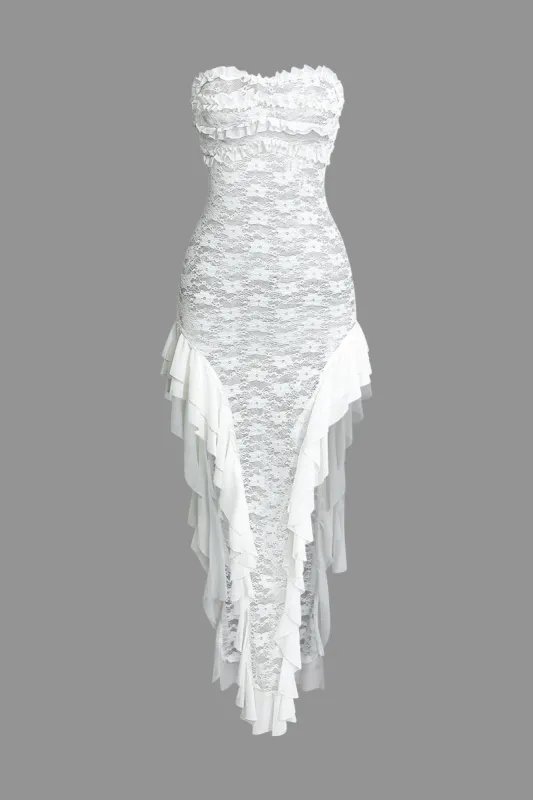 Ruffle Lace Strapless Slit Maxi Dress sold by Micas