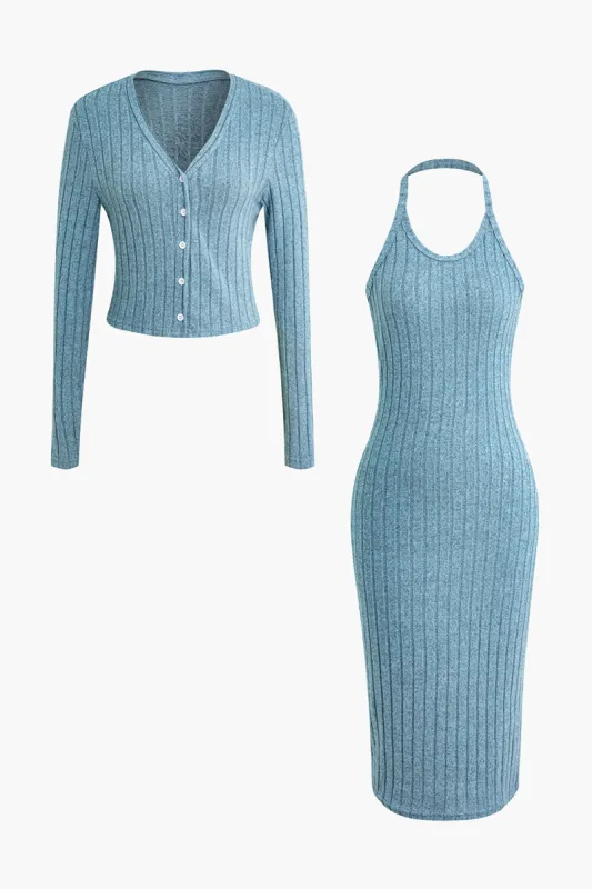 Ribbet cardigan og grime kjole sæt sold by Micas