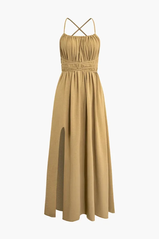 Crisscross Ruched Slit Midi Dress sold by Micas