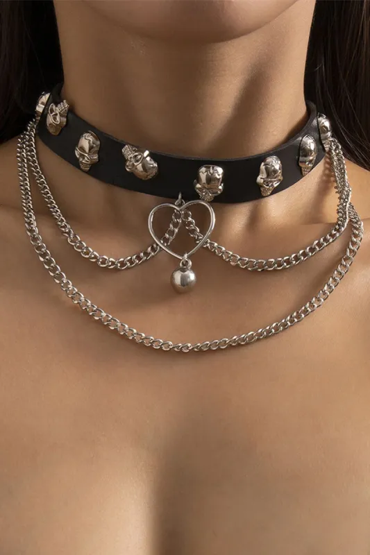 Skull Shaped Rivet & Heart Chain Choker Necklace made by Micas