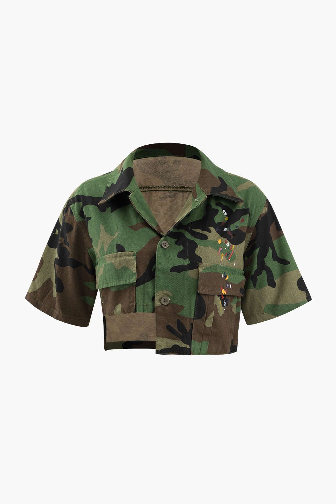 Camo Print Asymmetric Crop Shirt sold by Micas