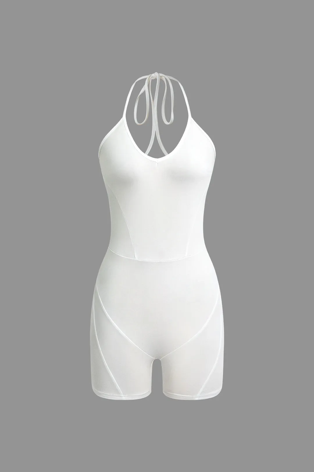 Solid Halter Backless V-neck Romper sold by Micas