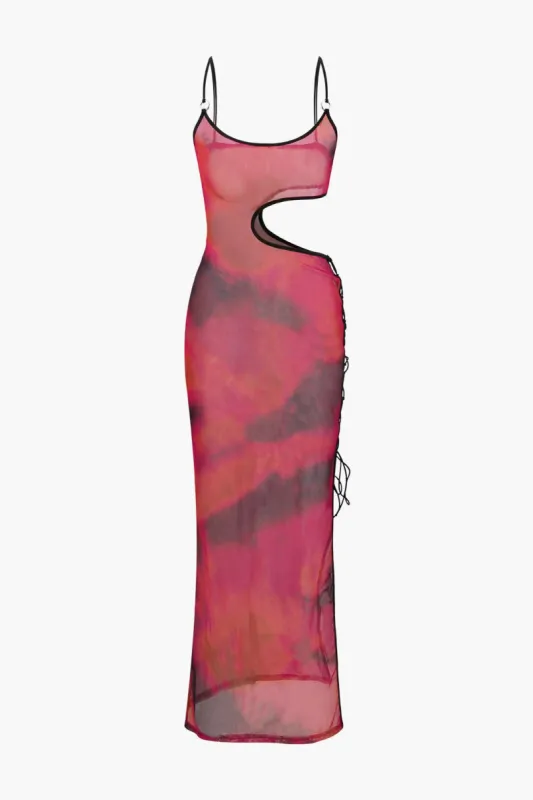 Abstract Print Cut Out Tie Mesh Maxi Dress sold by Micas