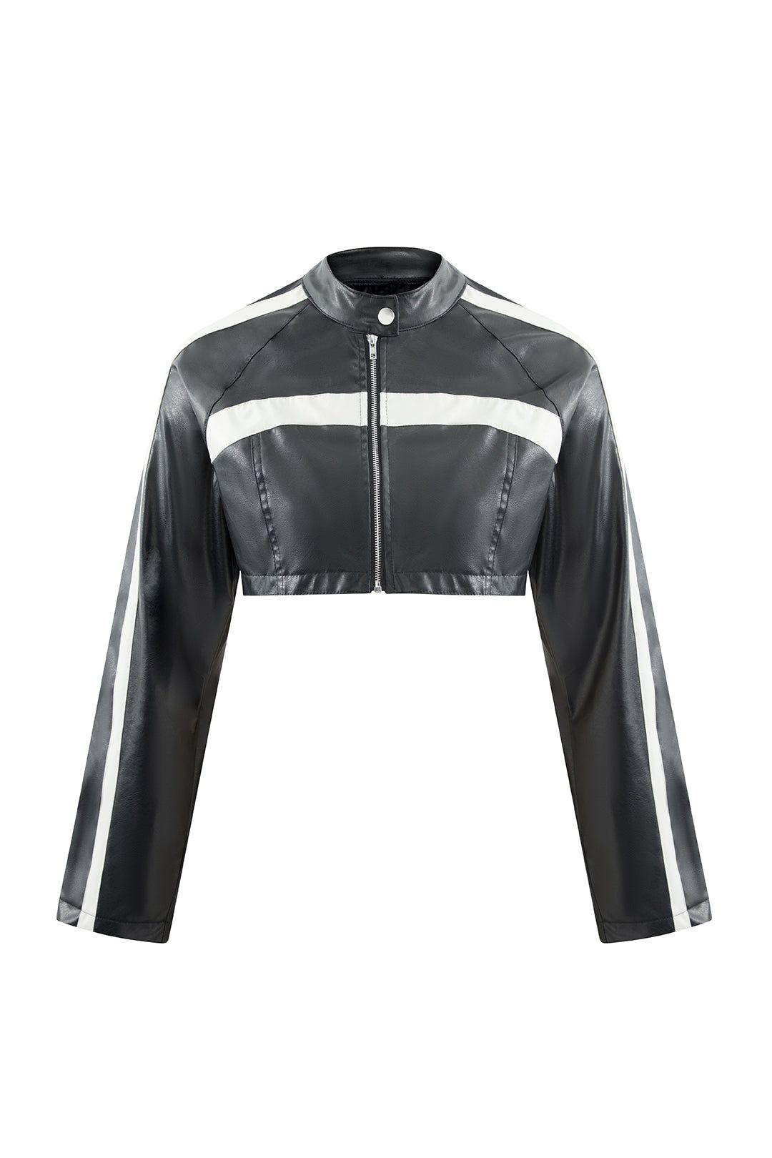 Contrast Faux Leather Stand Collar Crop Jacket sold by Micas
