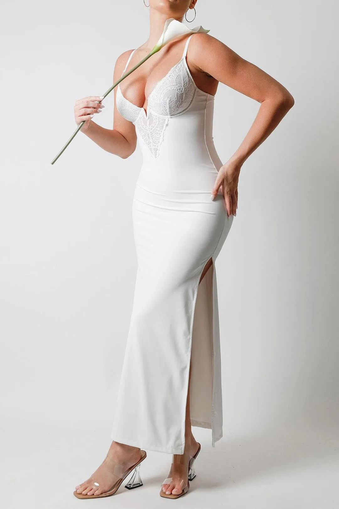 V-neck Lace Detail High Slit Corset Midi Dress sold by Micas