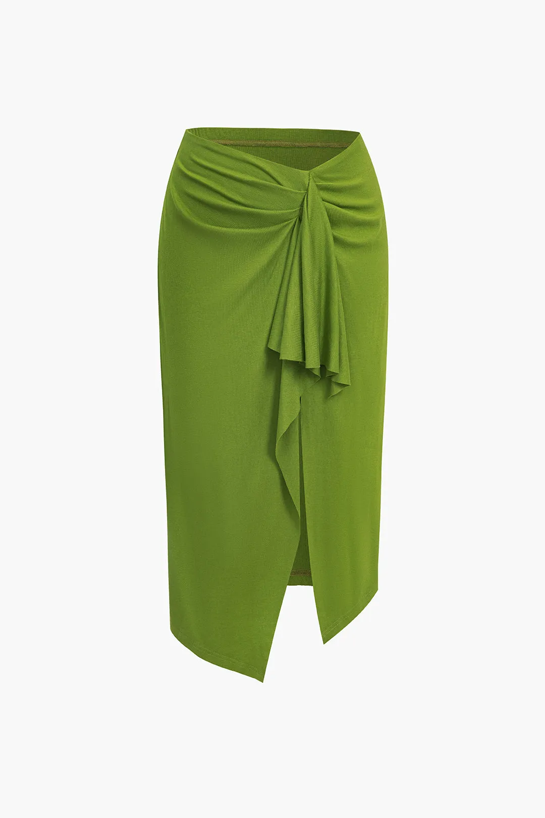 Solid Ruched Asymmetrical Skirt sold by Micas
