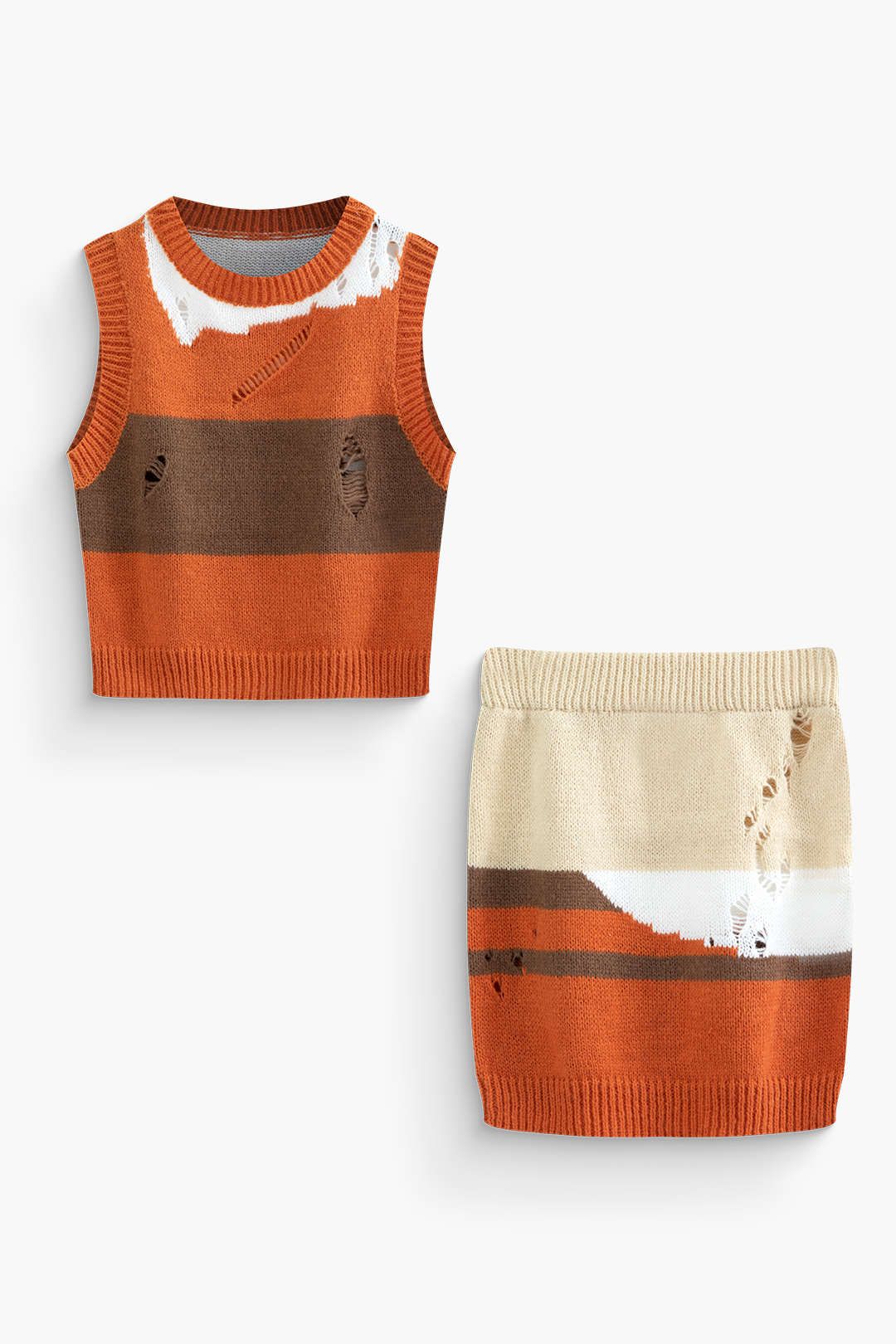 Color Block Ripped Sleeveless Knit Top And Mini Skirt Set sold by Micas