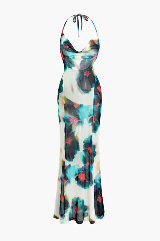 Tie Dye Mesh Cowl Neck Halter Backless Midi Dress sold by Micas