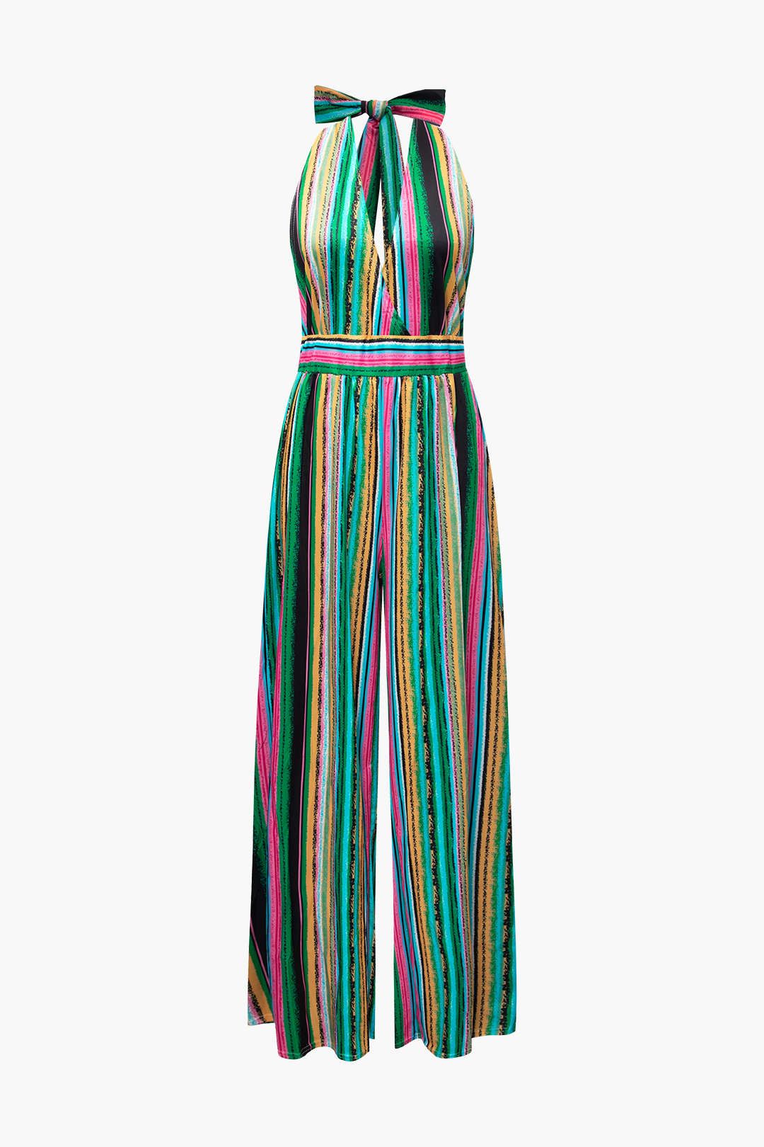 Multicolored Stripe Halter Tie Wide Leg Jumpsuit sold by Micas