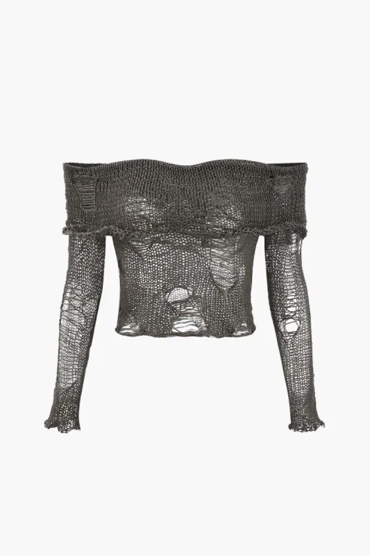 Off Shoulder Distressed Knit Crop Top sold by Micas