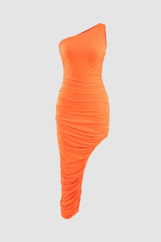 Asymmetric Ruched Midi Dress sold by Micas