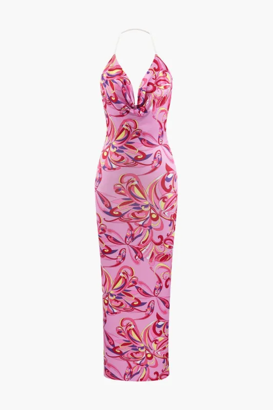 Printed Cowl Neck Halter Backless Maxi Dress sold by Micas